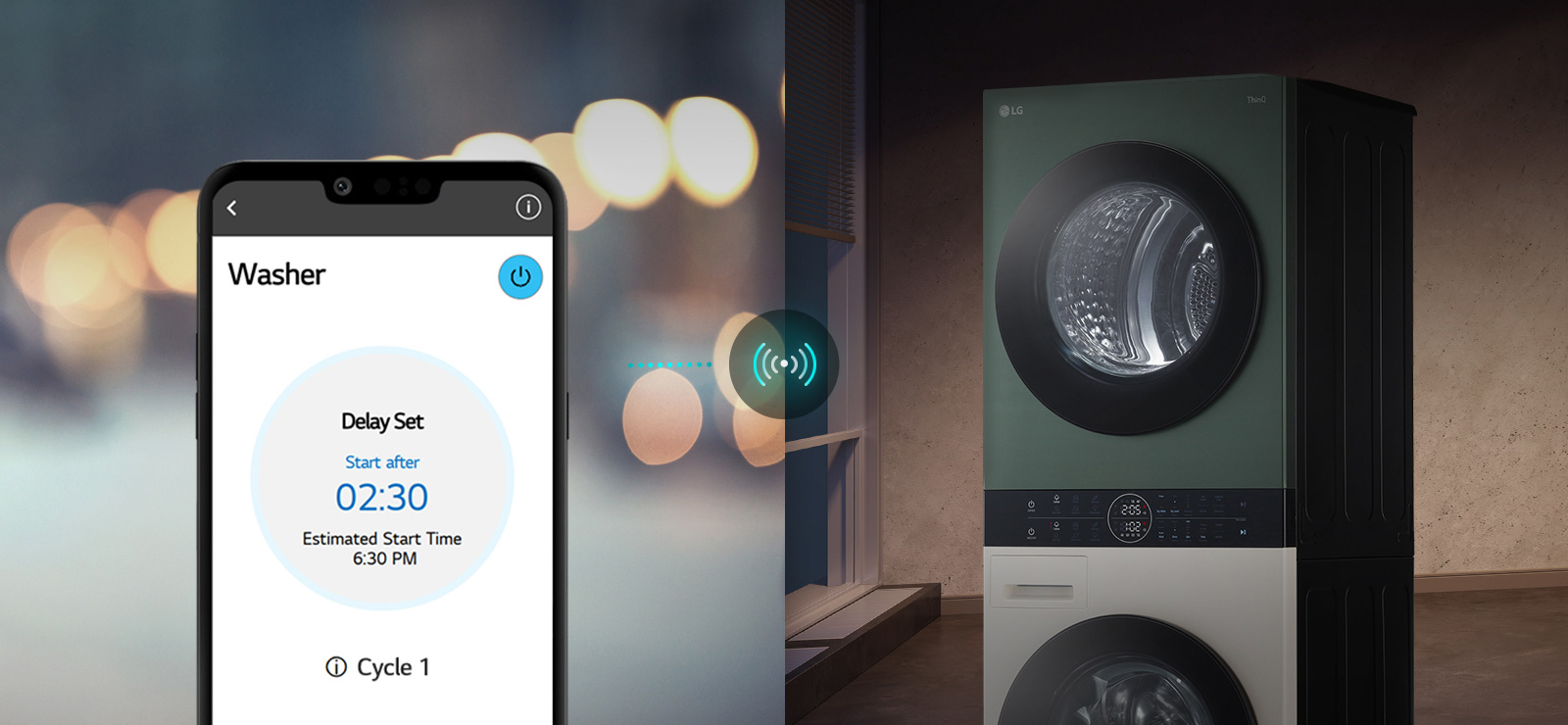 Slika prikazuje mobilni telefon zunaj, ki spremlja cikel pranja v aplikaciji ThinQ, ter WashTower doma.